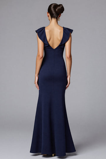 Navy Mermaid Satin Long Formal Dress with Ruffles